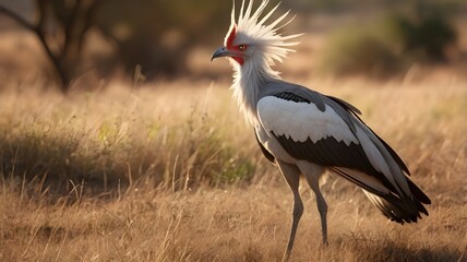 Obraz premium Secretary Bird Walking Through Sunny Grassland