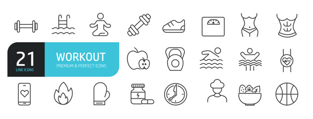 Set of line icons related to workout, fitness, gym. Outline icons collection. Editable stroke. Vector illustration