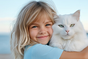 A 5-7 year old girl with blonde hair in a blue t-shirt hugs a white fluffy cat