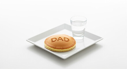 Pancake with Dad inscription and a glass of water on a white plate
