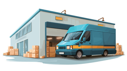The image showcases a stylized digital illustration of a blue delivery van parked in front of a light grey warehouse. The van is depicted in a slightly cartoonish manner