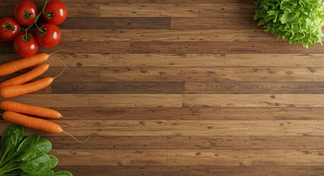 Vegetables carrots tomatoes and lettuce on a wooden surface viewed from above.