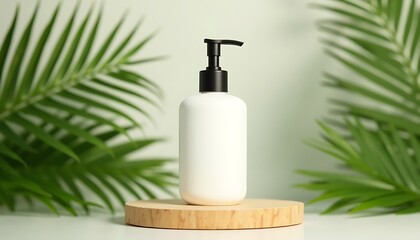 White pump bottle on wooden stand with tropical leaves background still life.