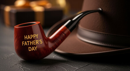 Pipe with Happy Father's Day Engraving Next to a Brown Hat and Gift Box