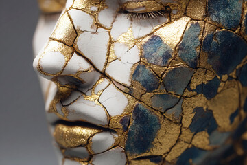 Close up of a human face adorned with kintsugi art revealing beauty in trauma