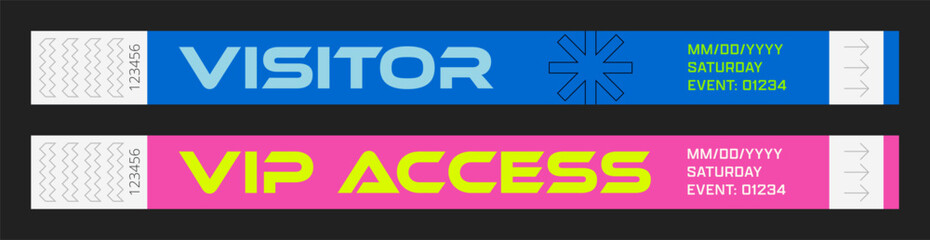 Wristbands for access control. Vector template for events, parties, fan zones, staff, VIP areas, and more.