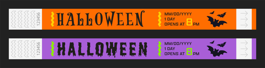 Halloween. Wristbands for access control. Vector template for events, parties, fan zones, staff, VIP areas, and more.