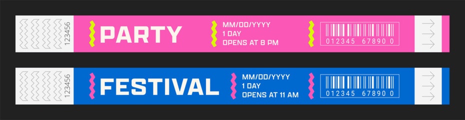 Wristbands for access control. Vector template for events, parties, fan zones, staff, VIP areas, and more.