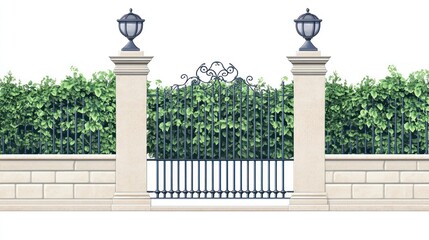 Ornate wrought iron gate centered between stone pillars with light fixtures, hedge background