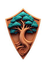 Naklejka premium Wooden Tree of Life Shield Symbol of Growth and Protection in Detailed Carved Art