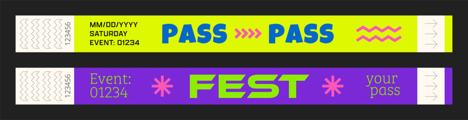 Wristbands for access control. Vector template for events, parties, fan zones, staff, VIP areas, and more.