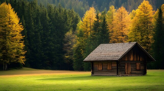 Rustic Wooden Cabin in Autumn Forest Landscape