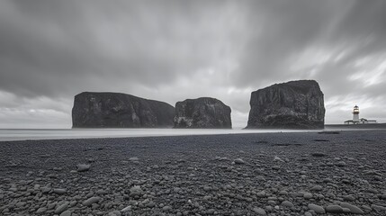 Dramatic Black and White Coastal Scene with Lighthouse and Rock Formations
