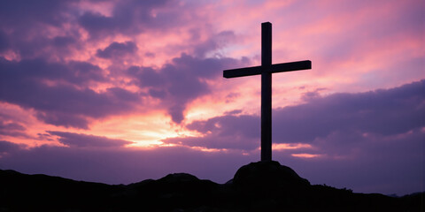Cross Silhouette Spiritual Dawn A simple wooden cross stands silhouetted against a radiant pink and purple sunrise sky. Low angle