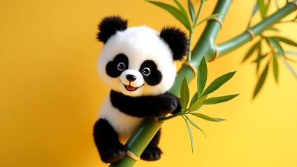 Naklejka premium An adorable plush panda doll joyfully climbing a bamboo tree.