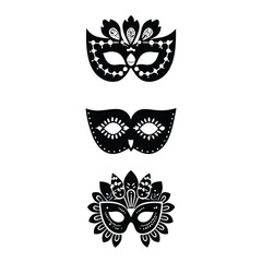 This image showcases three stylized carnival masks, each with intricate, decorative details.