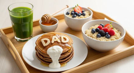 Pancakes with honey and yogurt served for breakfast with berries and green smoothie