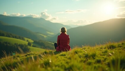 Naklejka premium Woman sits on grassy hill, facing mountainous landscape, under sunlight.