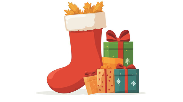 The image is a digital illustration depicting a red Christmas stocking filled with wheat-colored items at the top, positioned next to a stack of wrapped presents. The presents are various shades of