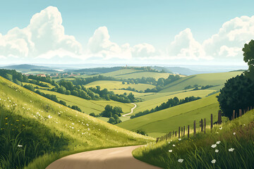 Serene countryside landscape with rolling hills, winding road, and fluffy clouds in the sky