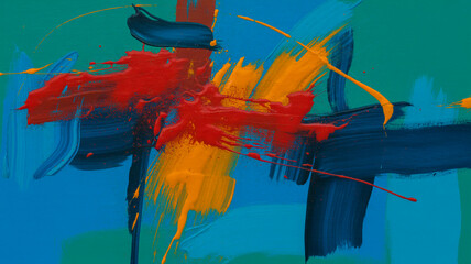 The composition features a dominant turquoise blue background with dynamic brushstrokes