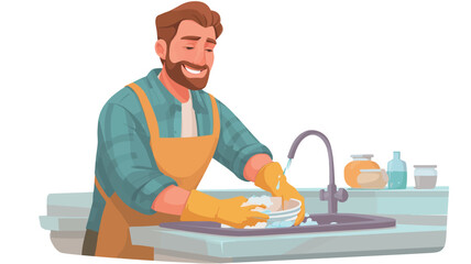 A digital illustration depicts a smiling man with a beard, wearing a yellow apron and yellow gloves, washing dishes in a dark-colored kitchen sink. The style is vector-based cartoon illustration