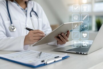 Online medical checklist and documentation system in use by doctor, concept of smart healthcare. physician assessment expert checks patient care quality, hospital assessment of treatment