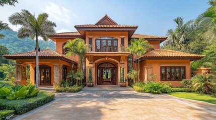 Obraz premium Grand luxury home with beautiful landscaping, architectural columns, warm tones, rooflines, and tropical foliage on a clear day.