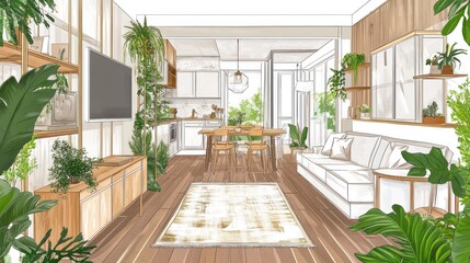 Fototapeta premium Interior design sketch of a modern, light-filled kitchen-living area