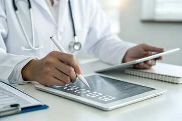 Online medical checklist and documentation system in use by doctor, concept of smart healthcare. physician assessment expert checks patient care quality, hospital assessment of treatment