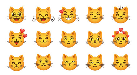 Fototapeta premium Set of expressive cartoon cat emojis showing various cute and funny emotions.