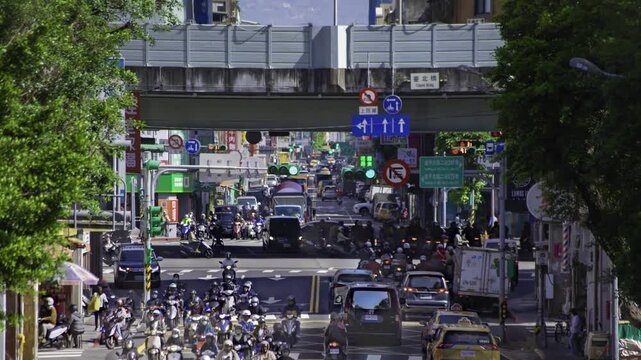 A timelapse of traffic jam at the downtown street in Taipei telephoto shot panning