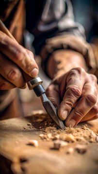 Close-up of artisan hands using chisel to carve wood, showing shavings, detail, precision, craftsman, focus on hands and tool