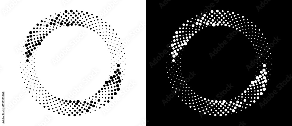 Poster Circle abstract background with dynamic halftone dots like arrows. Black shape on a white background and the same white shape on the black side.