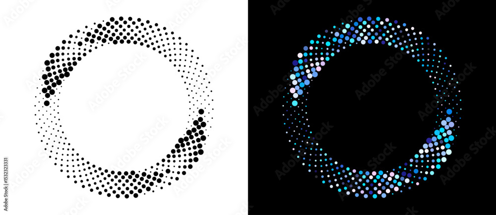 Poster Circle abstract background with dynamic halftone dots like arrows. Black shape on a white background and the same color shape on the black side.