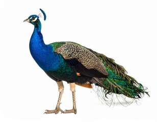 Obraz premium Peacock with tail closed over white background, no shadow