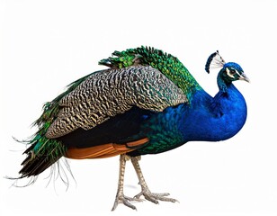 Obraz premium Peacock with tail closed over white background, no shadow