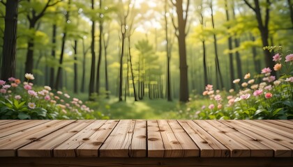 Wooden Table with Spring Forest Background Natural Scenic Display