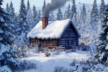 Cozy log cabin in a snowy forest, smoke rising from chimney, serene winter landscape