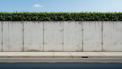 Long Concrete Wall with Hedge on Top Next to Cement Sidewalk and Asphalt Street Background Suitable for Copy Space