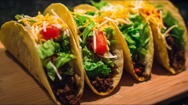Delicious tacos arranged in a row, showcasing fresh ingredients.