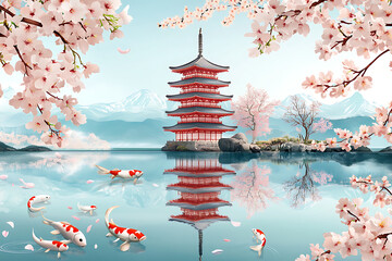 Serene Japanese Pagoda Surrounded by Cherry Blossoms Reflecting in a Tranquil Lake