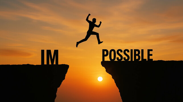 Motivational quote iimpossible with silhouette of person jumping over text from cliff at sunset showing courage determination and positive mindset