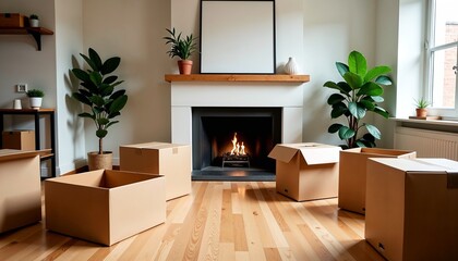 Cozy new home with fireplace and cardboard boxes. Moving day preparation includes unpacking boxes near fireplace. Warm new home concept for real estate agents and home staging.