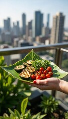 Grilled vegetables on leaf plate, no-dish concept for healthy summer meal. No-dish presentation includes grilled eggplant, cherry tomatoes, and fresh herbs.