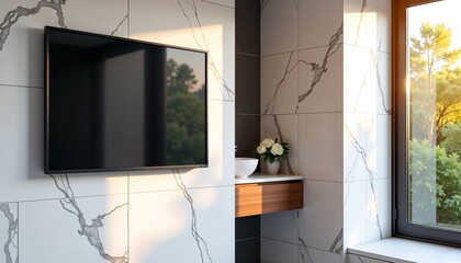 Modern TV mockup on marble wall in bright room. TV mockup is mounted on wall near window with view. Stylish TV mockup for interior design projects or presentations.