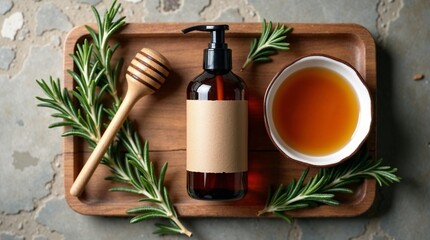 Natural rosemary honey shampoo bottle mockup with blank label.  Organic honey and rosemary sprigs on wooden tray.  Natural hair care product concept for beauty salon or online store.