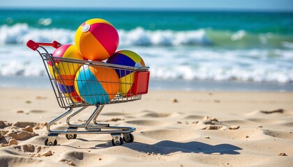 Summer beach fun with colorful beach balls in shopping cart. Bright beach balls in mini shopping cart on sandy beach near ocean waves.