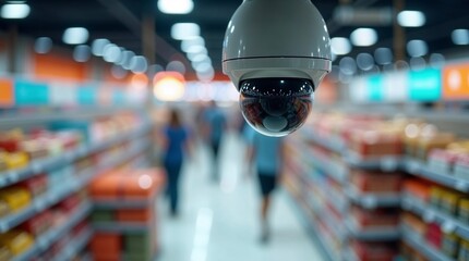 Security camera in supermarket. Dome security camera monitors customers in grocery store aisle. Surveillance system provides safety and loss prevention.