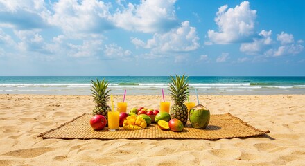Tropical fruit platter on beach sand with mango, pineapple, and coconut. Refreshing summer picnic with juicy tropical fruits ideal for beach vacation.